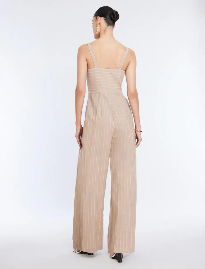 Women Jumpsuits and Rompers BCBG Hadie Linen Keyhole Jumpsuit Khakiwhite