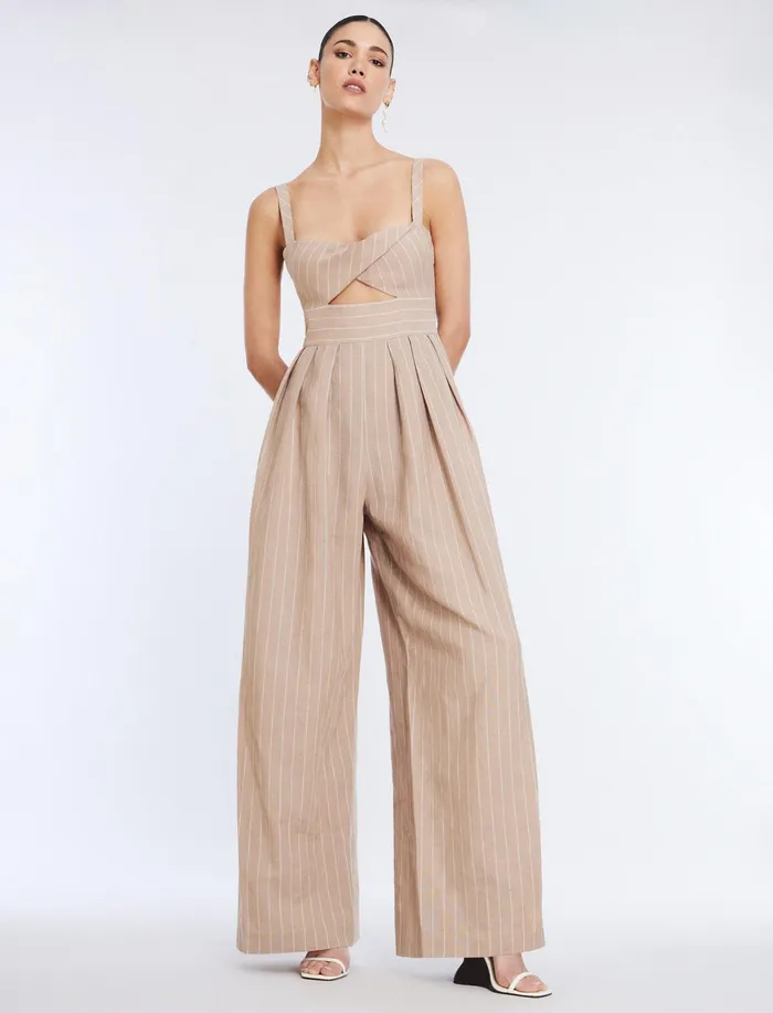 Women Jumpsuits and Rompers BCBG Hadie Linen Keyhole Jumpsuit Khakiwhite