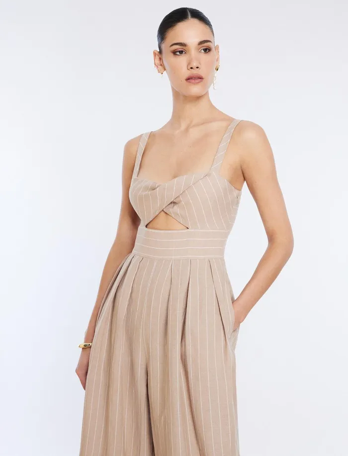 Women Jumpsuits and Rompers BCBG Hadie Linen Keyhole Jumpsuit Khakiwhite