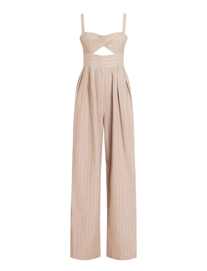 Women Jumpsuits and Rompers BCBG Hadie Linen Keyhole Jumpsuit Khakiwhite