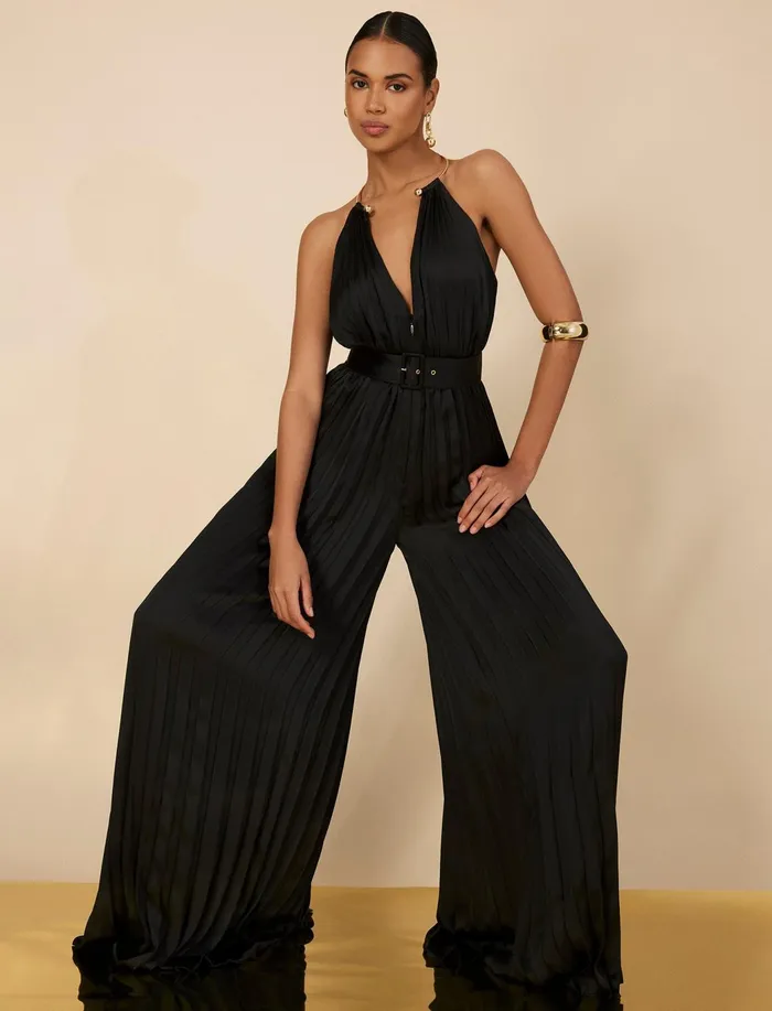 Women Jumpsuits and Rompers BCBG Libby Wide Leg Belted Jumpsuit Black