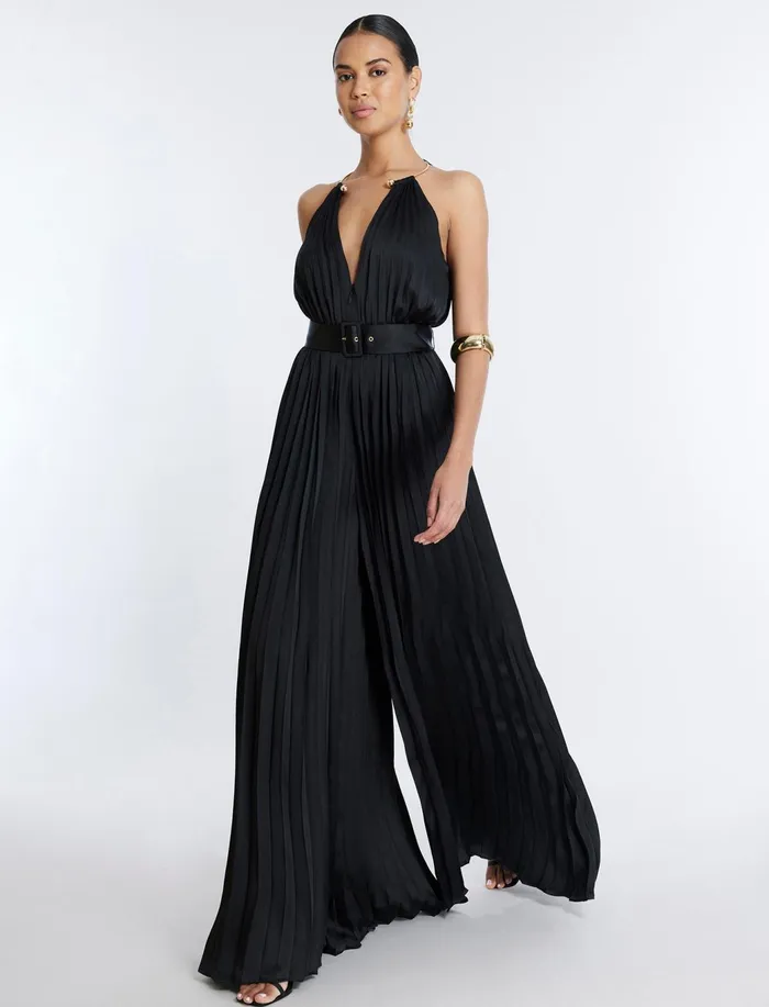 Women Jumpsuits and Rompers BCBG Libby Wide Leg Belted Jumpsuit Black