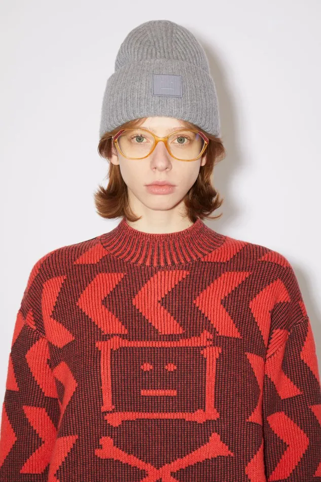 Women Large Face Logo Beanie Grey Melange Acne Studios Hats