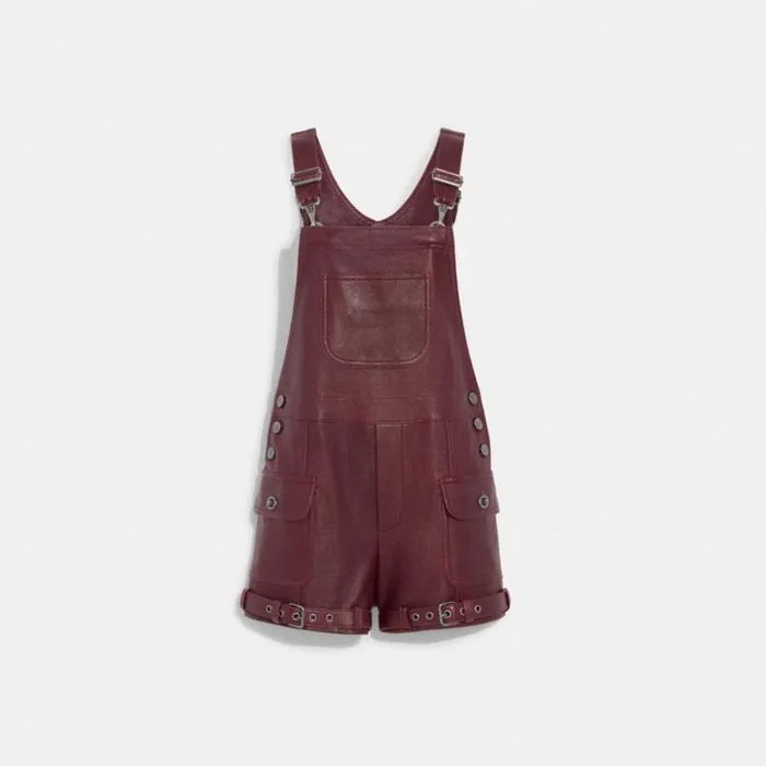 Women Leather Dungarees Burgundy Coach Bottoms
