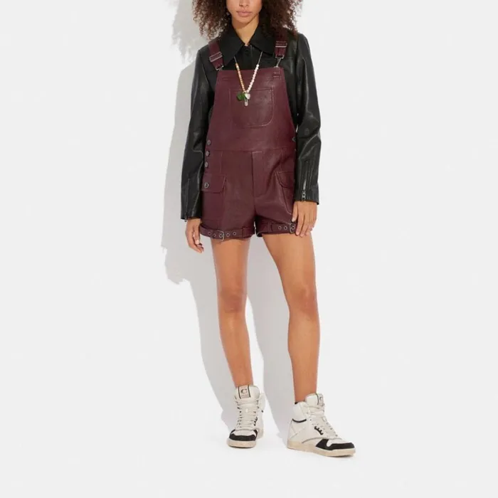 Women Leather Dungarees Burgundy Coach Bottoms