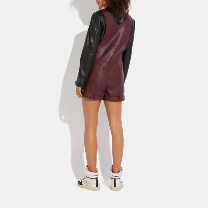 Women Leather Dungarees Burgundy Coach Bottoms