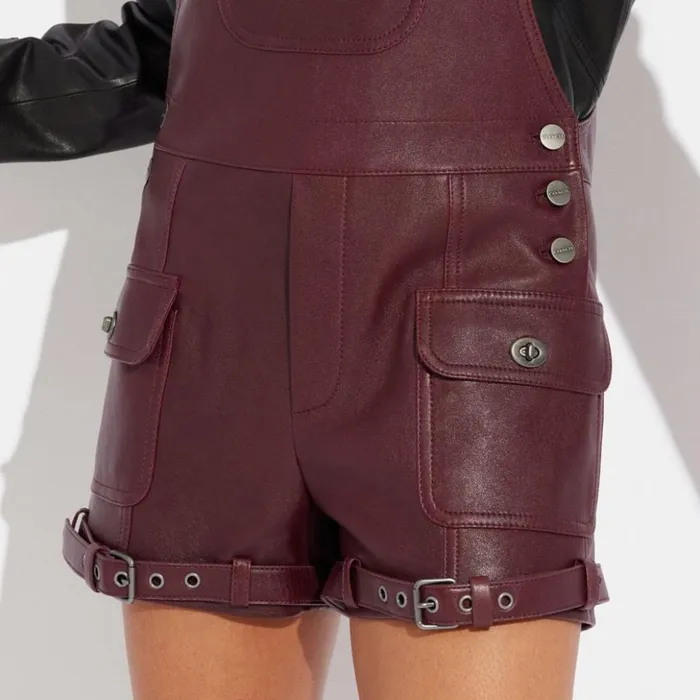 Women Leather Dungarees Burgundy Coach Bottoms