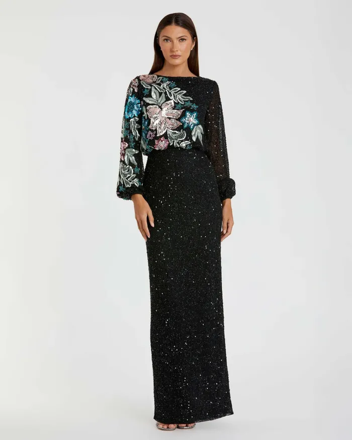 Women Mac Duggal Black Embellished Floral High Neck Gown Black Multi Evening Gowns