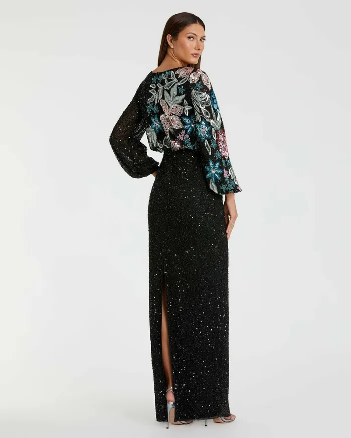 Women Mac Duggal Black Embellished Floral High Neck Gown Black Multi Evening Gowns