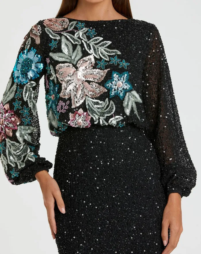 Women Mac Duggal Black Embellished Floral High Neck Gown Black Multi Evening Gowns