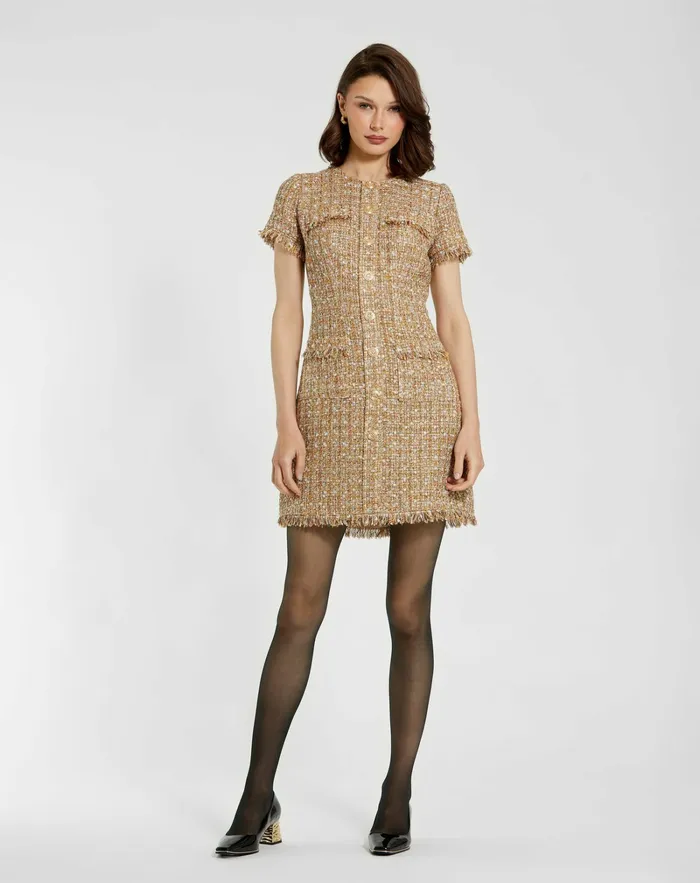 Women Mac Duggal Boucle Short Sleeve Mini Dress With Pockets Latte Multi Every Day Dresses Women Mac Duggal Boucle Short Sleeve Mini Dress With Pockets Latte Multi Every Day Dresses