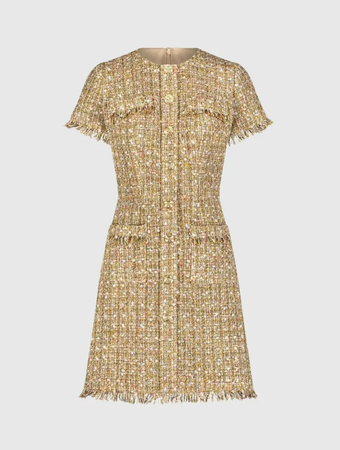 Women Mac Duggal Boucle Short Sleeve Mini Dress With Pockets Latte Multi Every Day Dresses