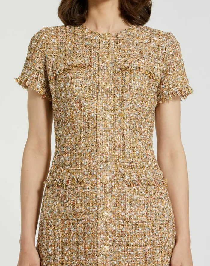 Women Mac Duggal Boucle Short Sleeve Mini Dress With Pockets Latte Multi Every Day Dresses