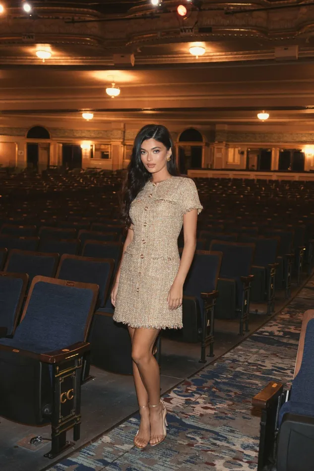 Women Mac Duggal Boucle Short Sleeve Mini Dress With Pockets Latte Multi Every Day Dresses