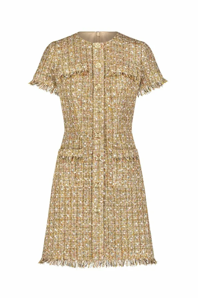 Women Mac Duggal Boucle Short Sleeve Mini Dress With Pockets Latte Multi Every Day Dresses