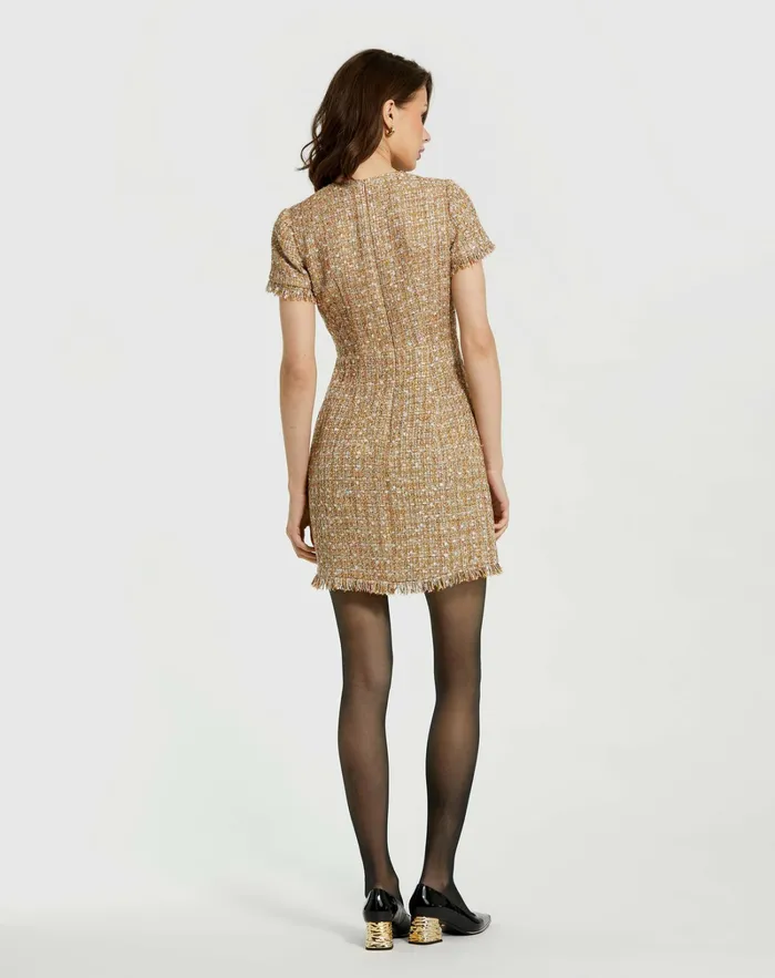 Women Mac Duggal Boucle Short Sleeve Mini Dress With Pockets Latte Multi Every Day Dresses