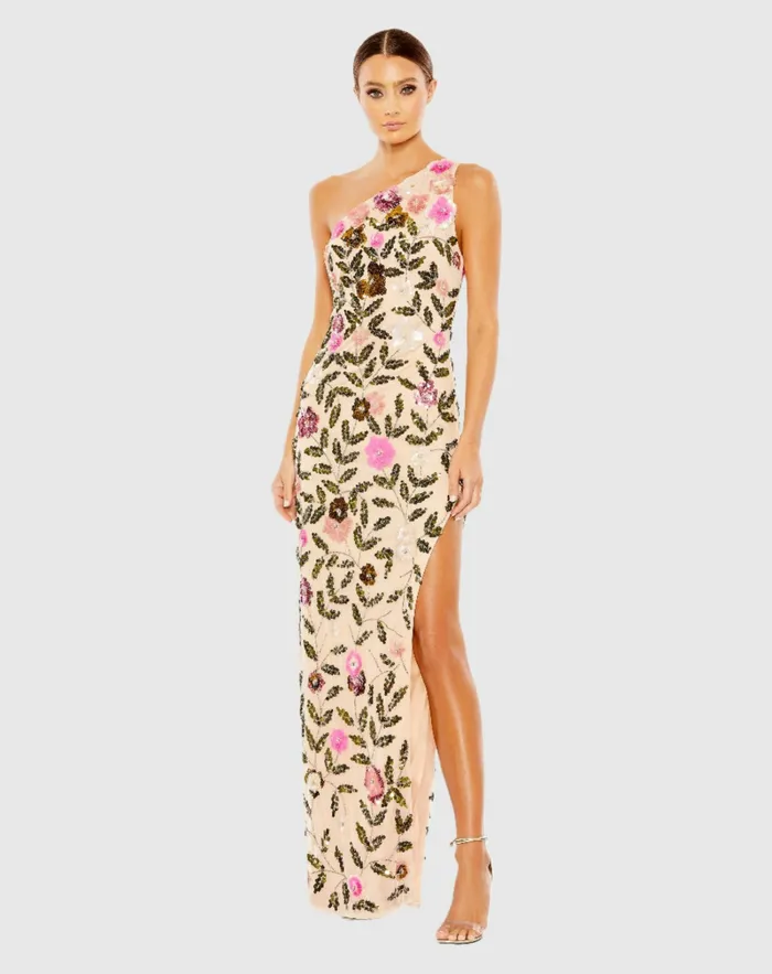 Women Mac Duggal Floral Sequined One Shoulder Column Gown Nude Multi Evening Gowns