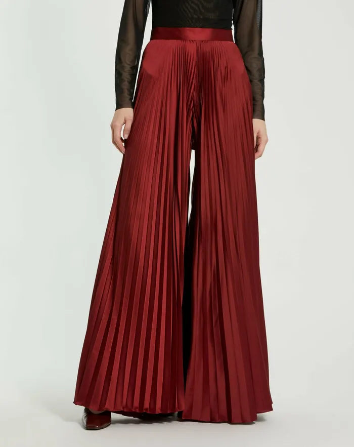Women Mac Duggal Pleated Charmeuse Wide Leg Pants Oxblood Pants