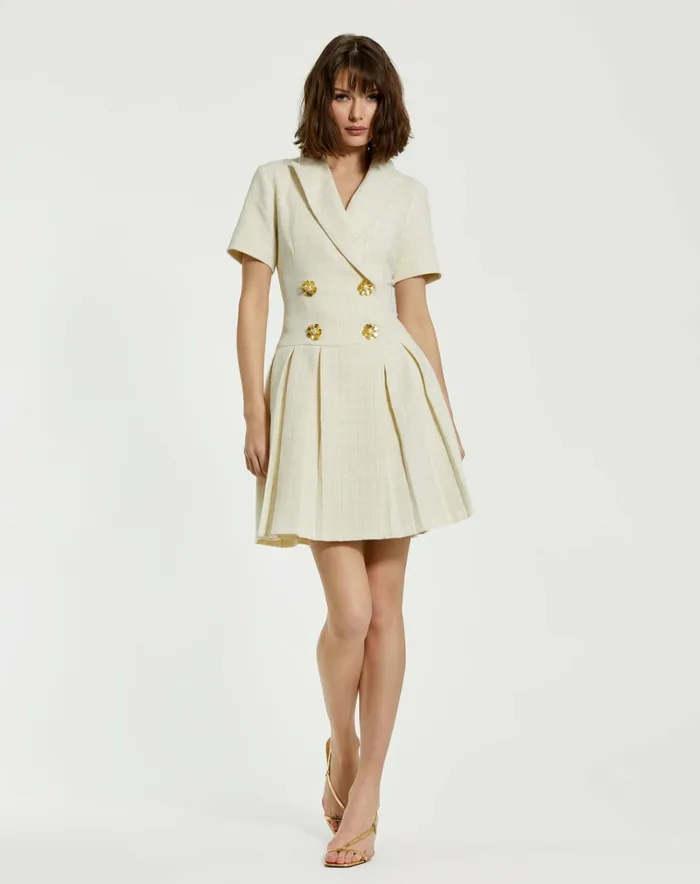 Women Mac Duggal Tweed Short Sleeve Blazer Mini Dress Cream Every Day Dresses
