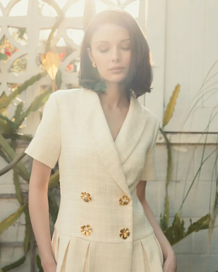 Women Mac Duggal Tweed Short Sleeve Blazer Mini Dress Cream Every Day Dresses