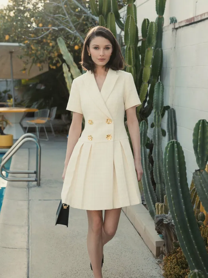 Women Mac Duggal Tweed Short Sleeve Blazer Mini Dress Cream Every Day Dresses
