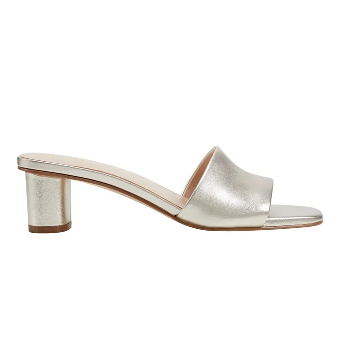 Women Marc Fisher Nemmie Heeled Slide Sandal Platino Leather Mules and Slides