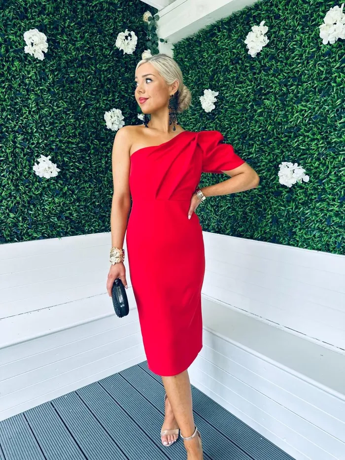 Women Maxi Canella Lane Carson One Shoulder Occasion Midi Dress Red