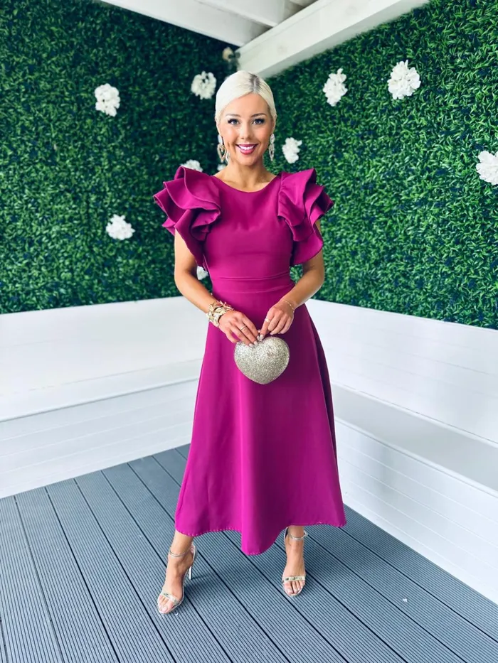 Women Maxi Canella Lane Celia Frill Detail Occasion Dress Berry