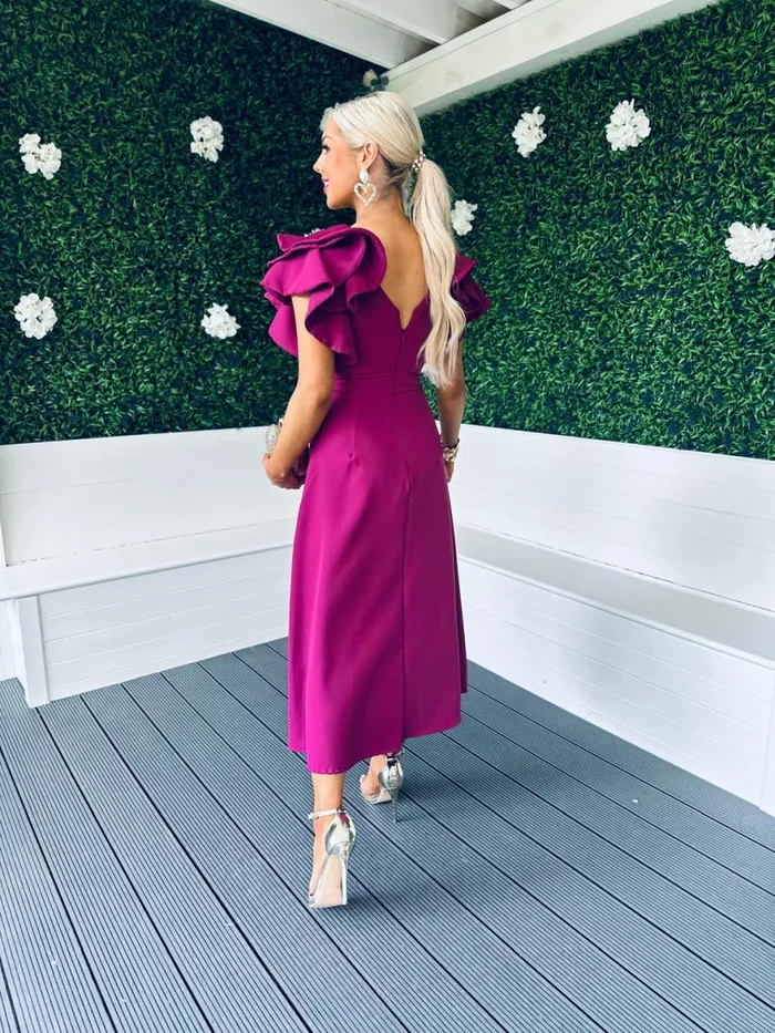Women Maxi Canella Lane Celia Frill Detail Occasion Dress Berry