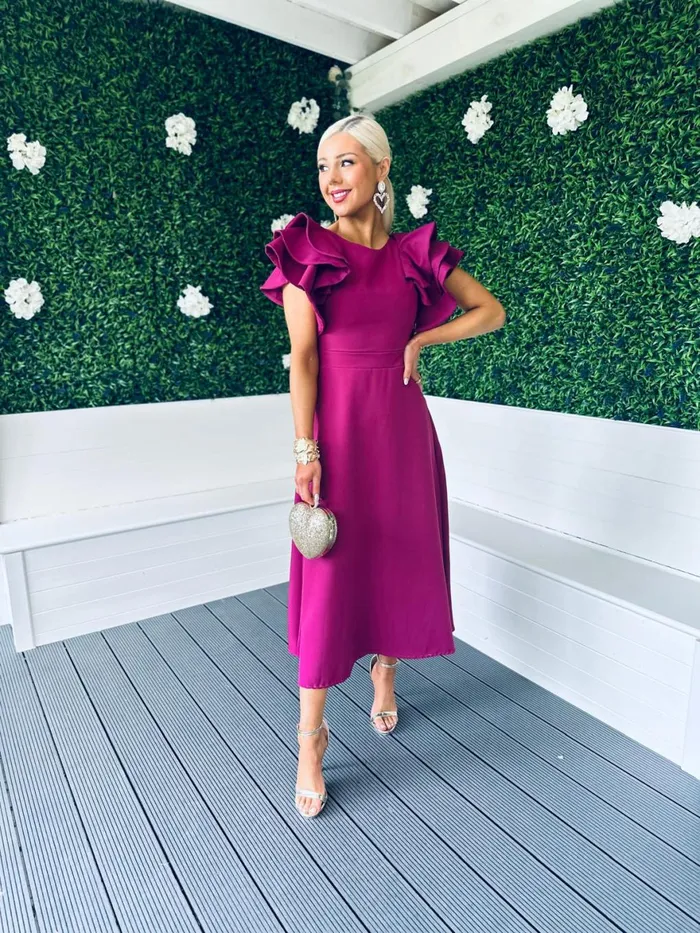 Women Maxi Canella Lane Celia Frill Detail Occasion Dress Berry