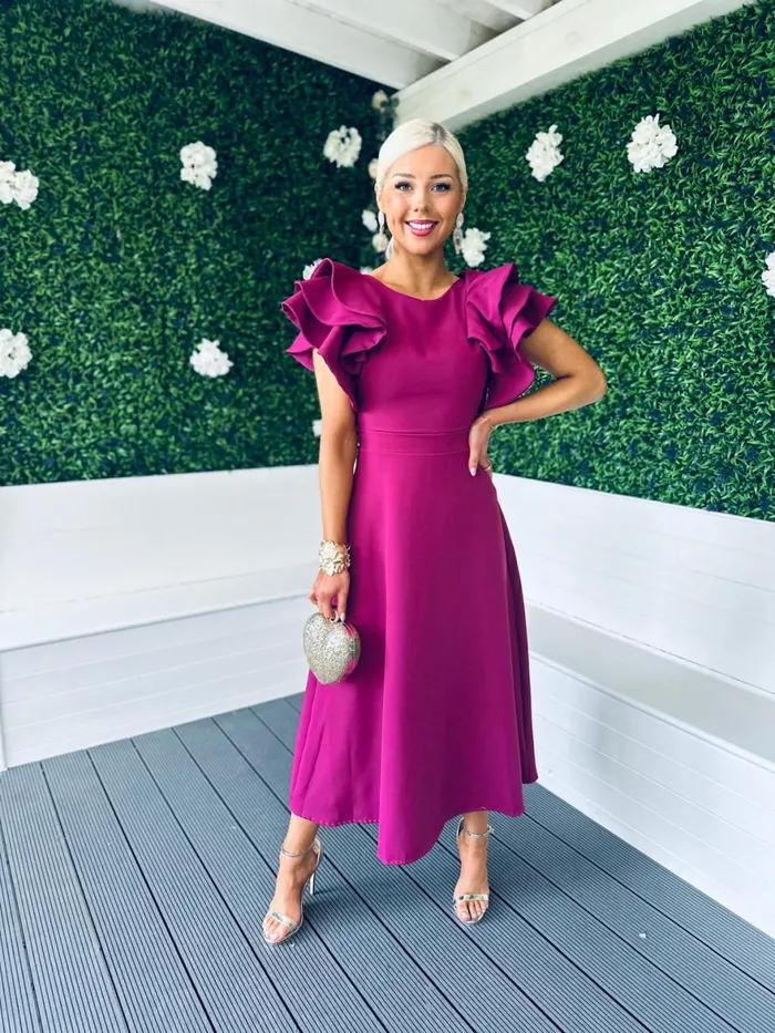 Women Maxi Canella Lane Celia Frill Detail Occasion Dress Berry