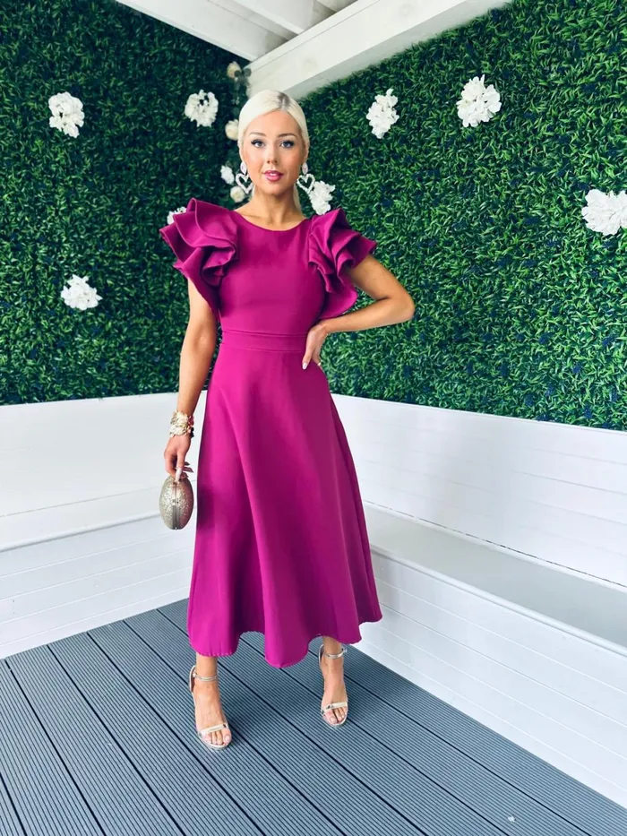 Women Maxi Canella Lane Celia Frill Detail Occasion Dress Berry