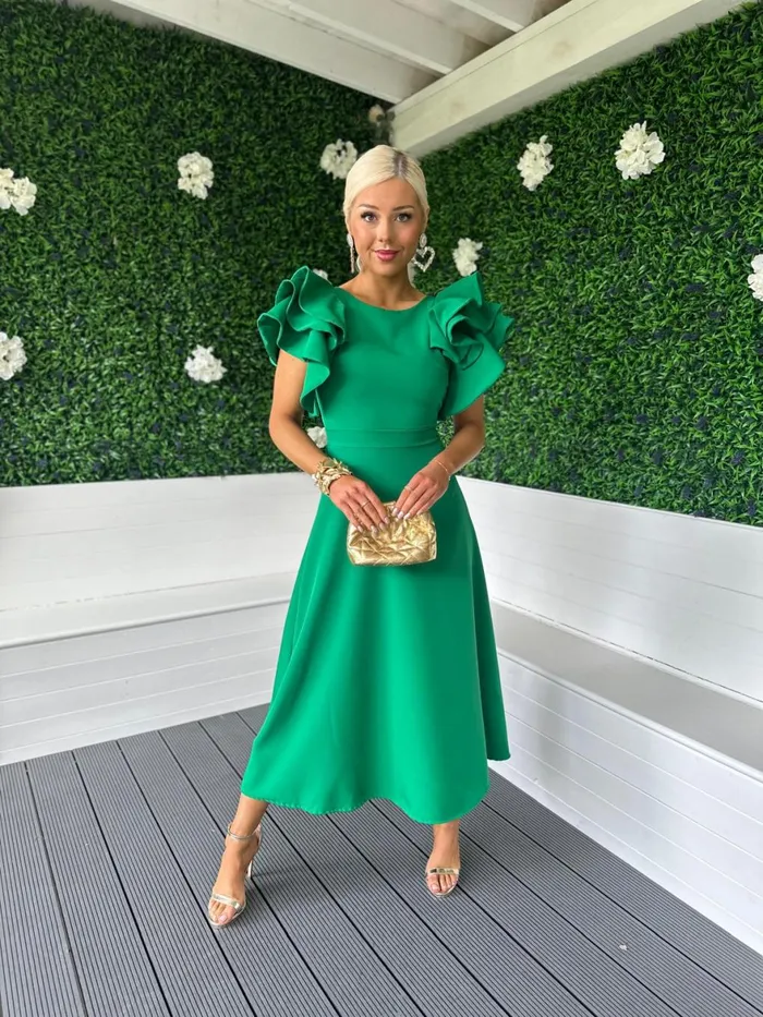 Women Maxi Canella Lane Celia Frill Detail Occasion Dress Emerald