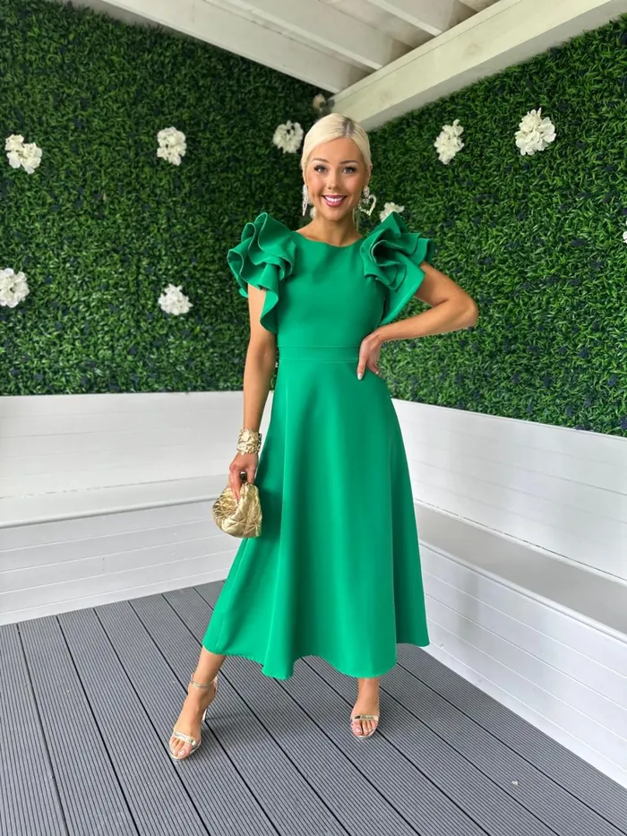 Women Maxi Canella Lane Celia Frill Detail Occasion Dress Emerald