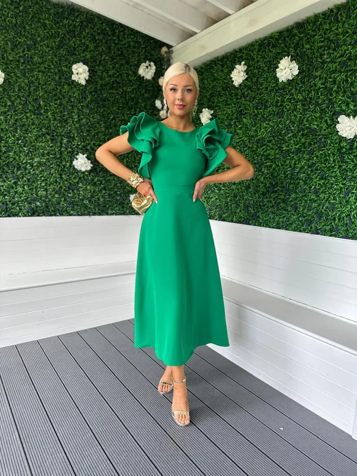 Women Maxi Canella Lane Celia Frill Detail Occasion Dress Emerald
