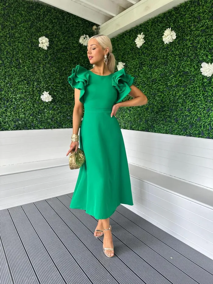 Women Maxi Canella Lane Celia Frill Detail Occasion Dress Emerald