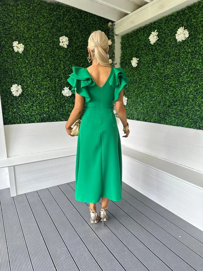 Women Maxi Canella Lane Celia Frill Detail Occasion Dress Emerald