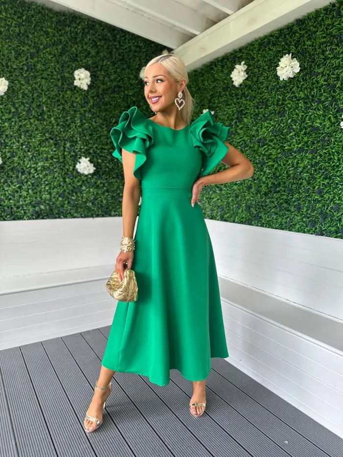 Women Maxi Canella Lane Celia Frill Detail Occasion Dress Emerald