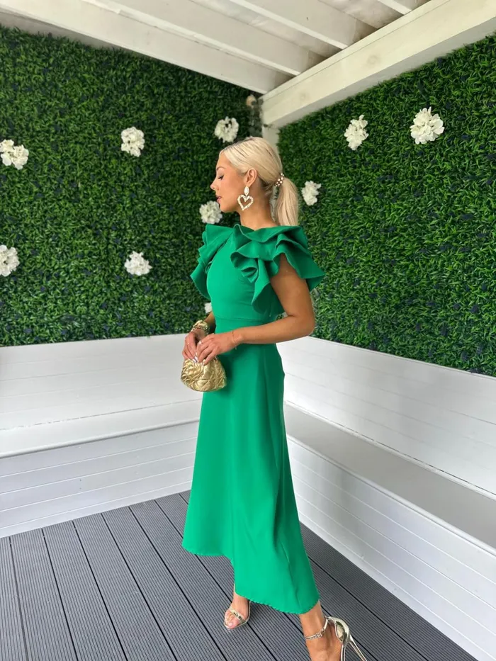 Women Maxi Canella Lane Celia Frill Detail Occasion Dress Emerald