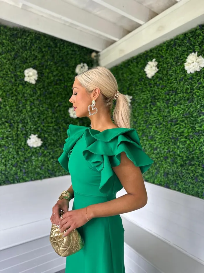 Women Maxi Canella Lane Celia Frill Detail Occasion Dress Emerald