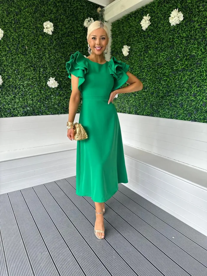 Women Maxi Canella Lane Celia Frill Detail Occasion Dress Emerald