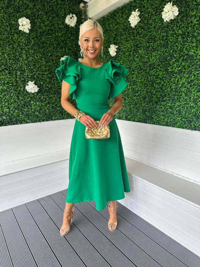 Women Maxi Canella Lane Celia Frill Detail Occasion Dress Emerald