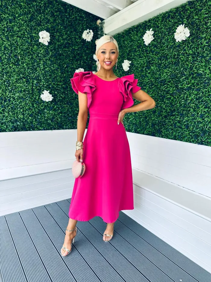 Women Maxi Canella Lane Celia Frill Detail Occasion Dress Magenta