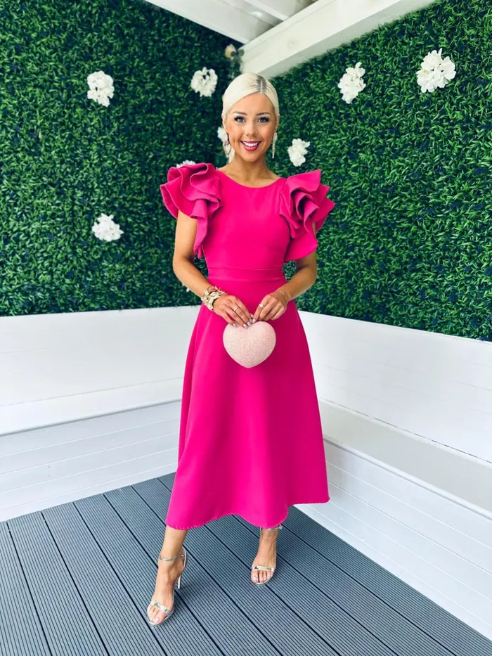 Women Maxi Canella Lane Celia Frill Detail Occasion Dress Magenta