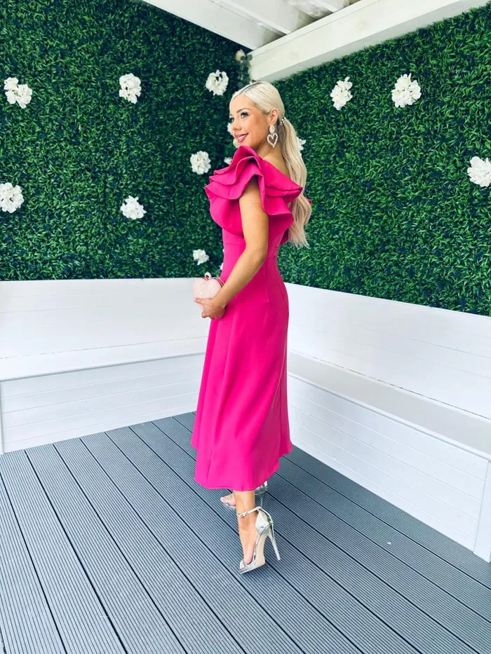 Women Maxi Canella Lane Celia Frill Detail Occasion Dress Magenta