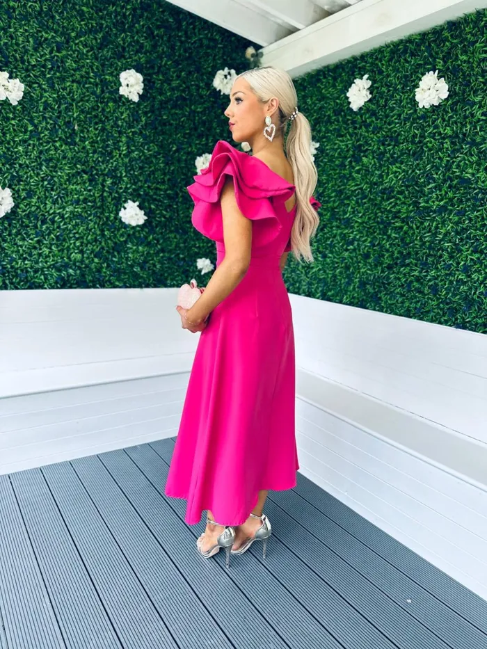 Women Maxi Canella Lane Celia Frill Detail Occasion Dress Magenta