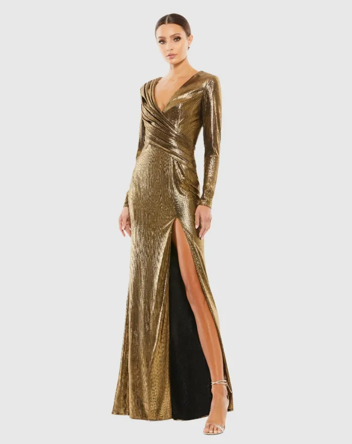 Women Metallic Long Sleeve Asymmetrical Ruched Gown Gold Best Sellers Mac Duggal