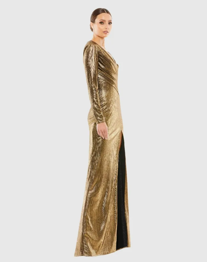 Women Metallic Long Sleeve Asymmetrical Ruched Gown Gold Best Sellers Mac Duggal Women Metallic Long Sleeve Asymmetrical Ruched Gown Gold Best Sellers Mac Duggal