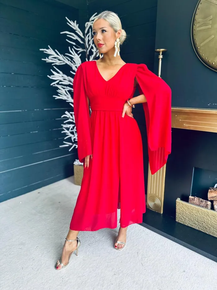 Women Midi Canella Lane Alannah Cape Detail Midi Dress Strawberry