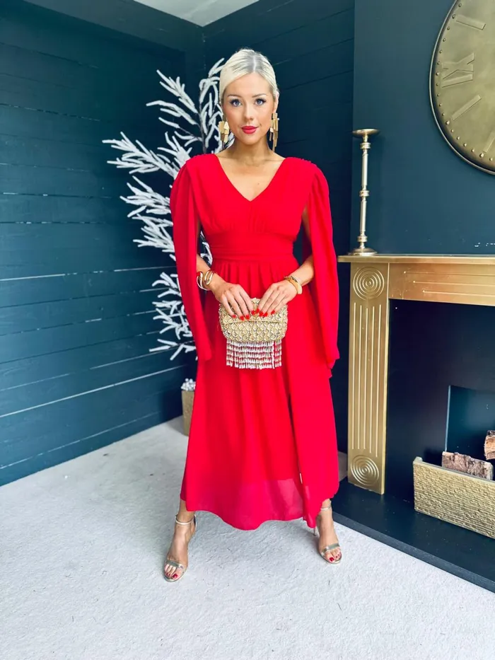 Women Midi Canella Lane Alannah Cape Detail Midi Dress Strawberry